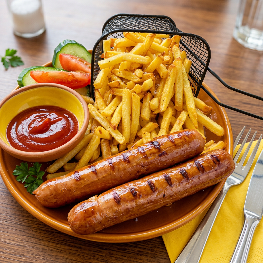 Kindermenü mit Pommes Frites, Geflügelwürstchen, Ketchup und frischem Gemüse