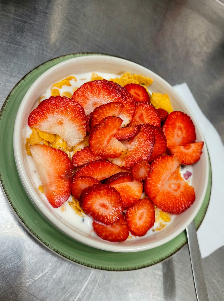 Frisches Müsli mit Erdbeeren, Cornflakes und Joghurt im Cafe Limis