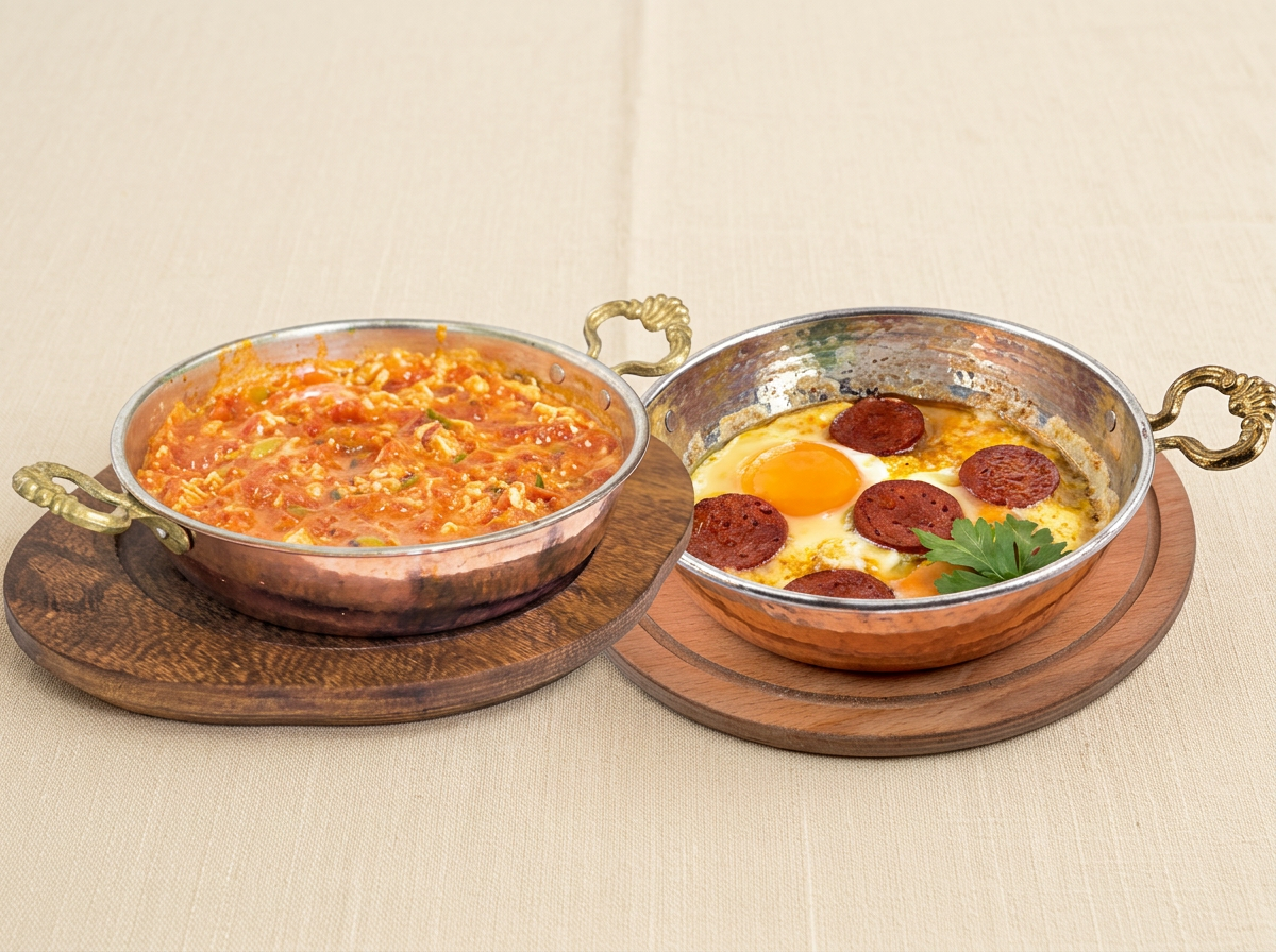 Zwei traditionelle Kupferpfännchen mit Menemen und Sucuk-Eiern